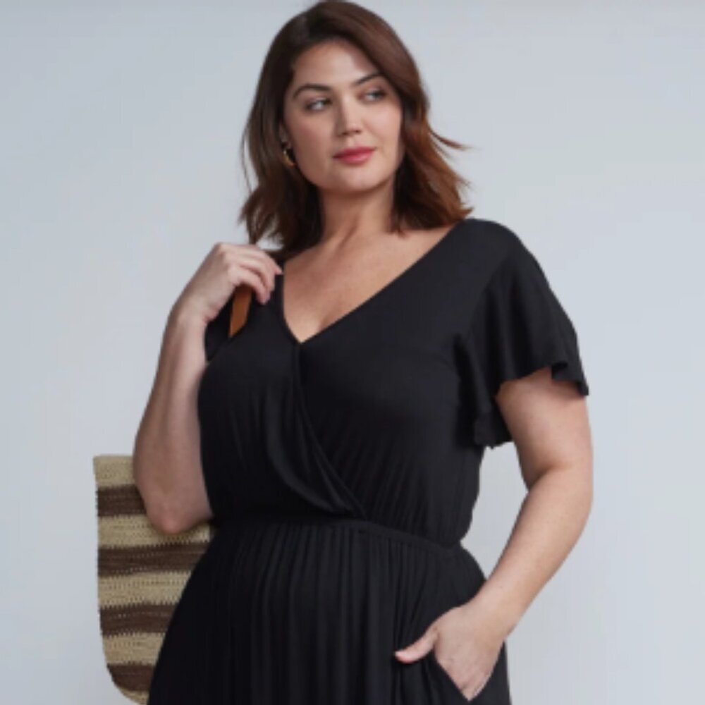 NY and Company Black V Neck Ruffle Sleeve Maxi Dress Size 2X